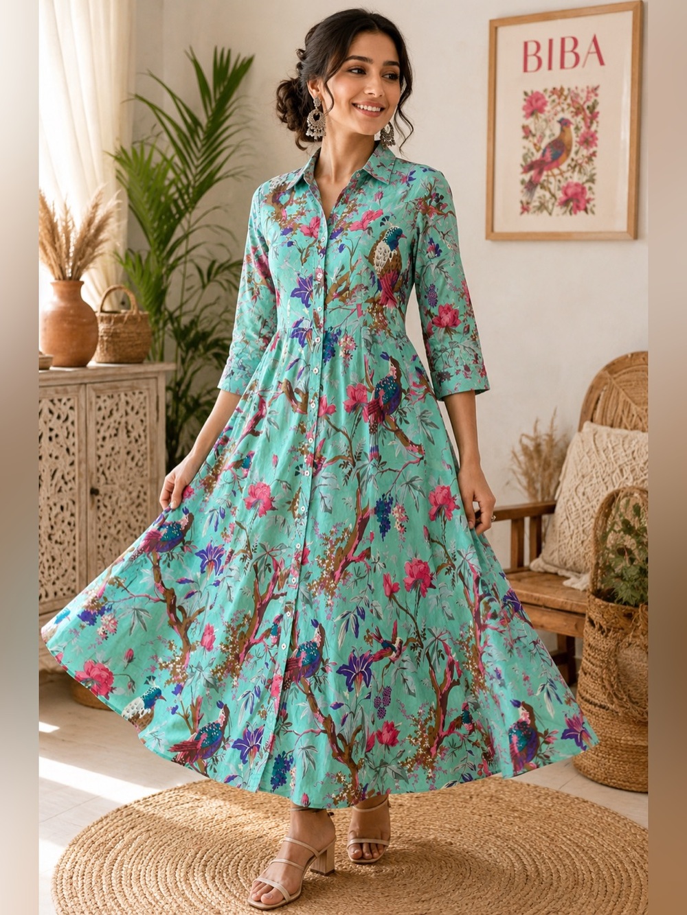BIBA Bird & Floral Print Button Front Midi Shirt Dress | Size 34 XS/S